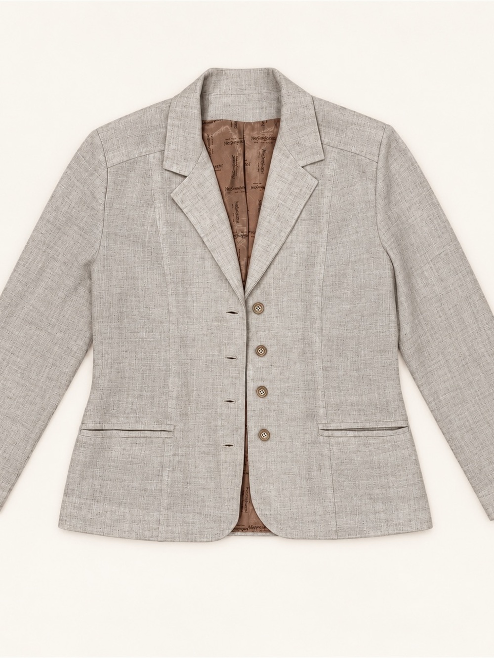 Vintage Textured Gray Blazer with Yves Saint Laurent Print Lining